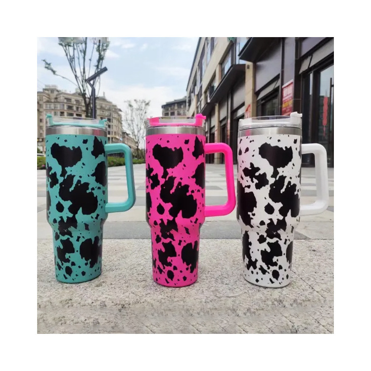 Aqua Flask Tumbler 40 Oz Cowhide 40oz Tumbler With Handle Cow Print And Paint Splat Cow Print 40oz Tumbler