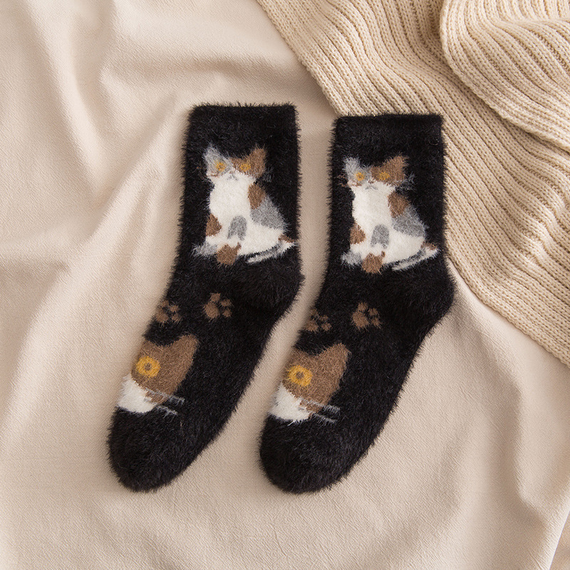 Winter Warm Funny Cute Socks Women Crew Cat Animal Anime Girls Thick Sleep Fuzzy Socks