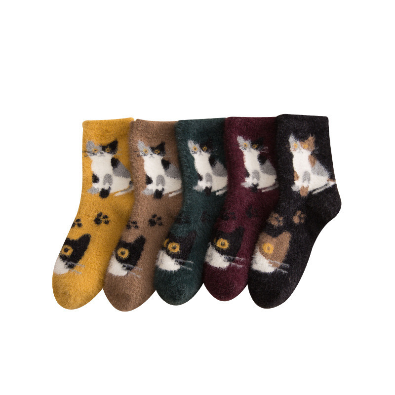 Winter Warm Funny Cute Socks Women Crew Cat Animal Anime Girls Thick Sleep Fuzzy Socks