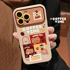 Lovely retro stamp coffee teddy bear phone case for iPhone 15 14 promax 12  13 11