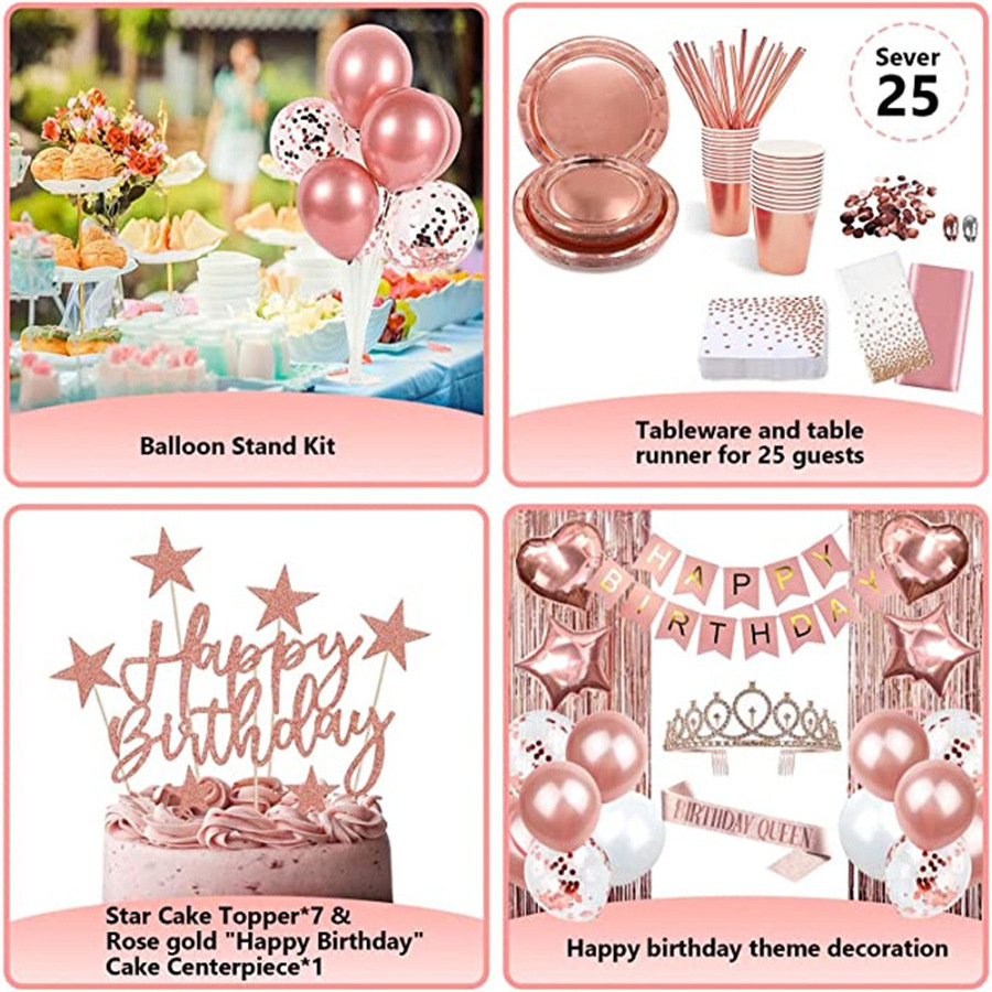 Rose Gold Crown Girl Party Decoration Supplies Banner Confetti Birthday Balloons Wholesale Birthday Party Supplies