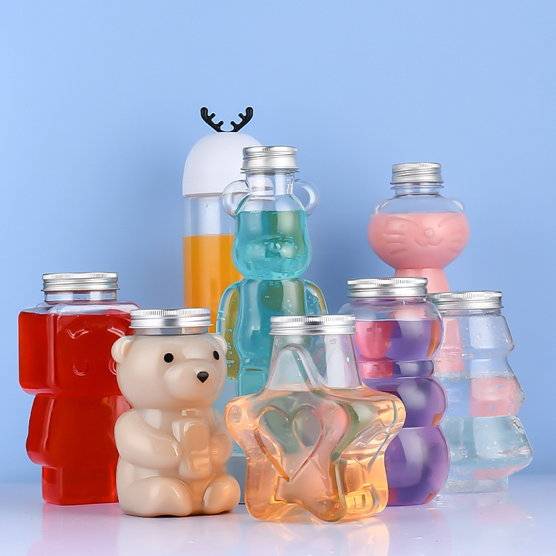 Custom Logo 16oz Empty Plastic PET Bear Shape Juice Beverage Tea Drinking Bottle With Aluminium Cap