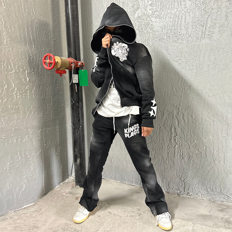 Custom logo High Quality Printing Tracksuit 100% Cotton French Terry Raw Hem Cut and Sew Hoodie Sweatpants and Hoodie Jogger Set