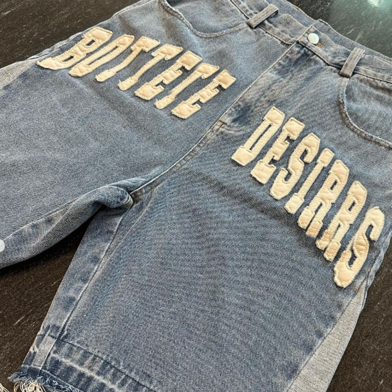 Custom Embroidered Patches Logo Manufacturer Raw Hem Cut Edge Distressed Streetwear Hip Hop Cargo Jean Shorts For Men