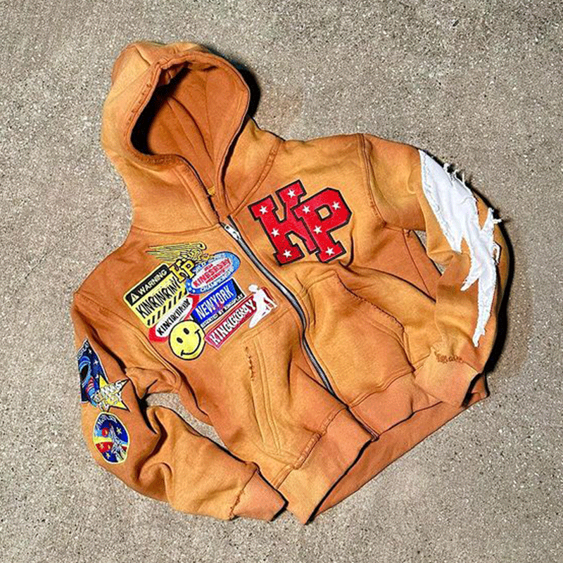 Custom Embroidered Patches Logo French Terry Sweatshirts Blank Vintage Acid Wash Distressed Zip Up Hoodies