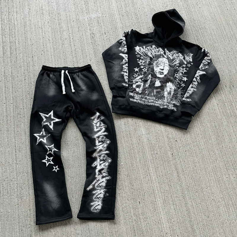 Custom logo 3D Puff Print Sweatsuits 100% cotton tech fleece jogger sets oversized acid wash tracksuits for men