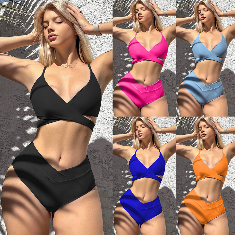 Custom High Waist Swimwear Solid Color Swimsuit Sexy Two-Piece Bikini Women Strap Swimwear