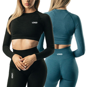 Wholesale Custom Logo 3pcs Soft Long Sleeve Crop Top Shorts Yoga Active Wear Sets Women Seamless Gym Fitness Sets