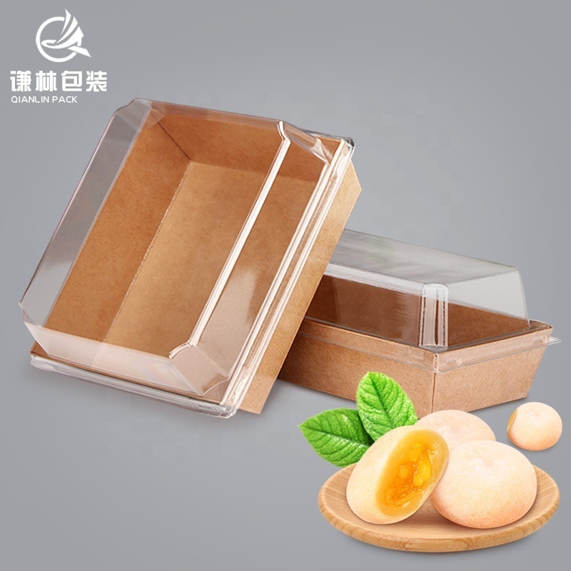 Disposable pastry dessert tiramisu cake food container packaging box takeaway sushi catering kraft paper box with clear plastic