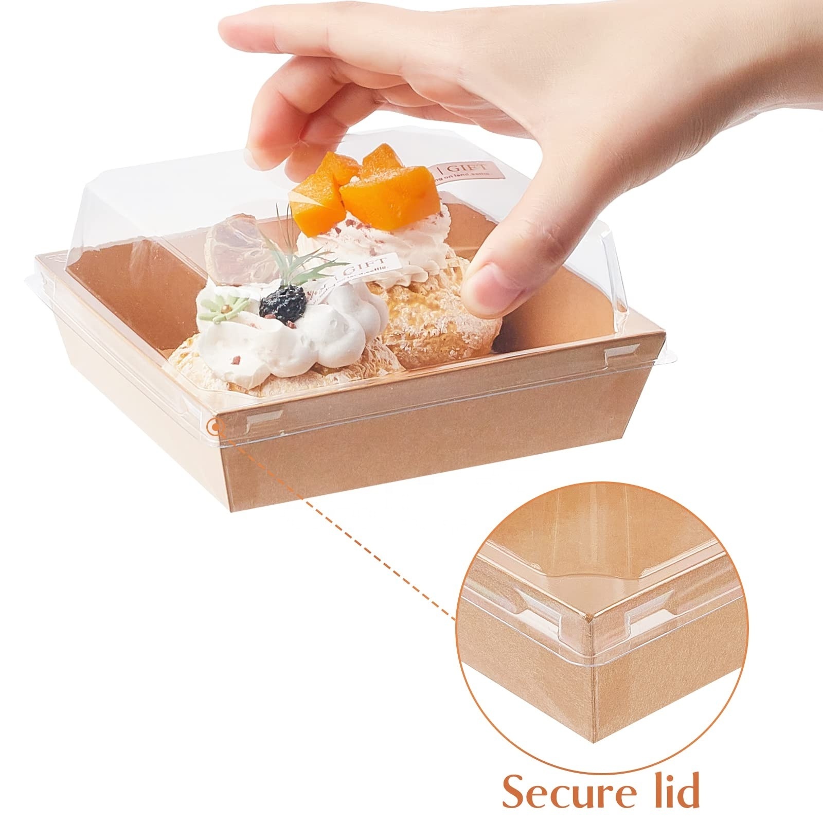 Disposable pastry dessert tiramisu cake food container packaging box takeaway sushi catering kraft paper box with clear plastic