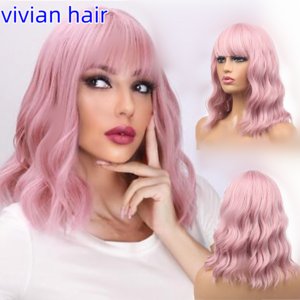 Short Bob Wig Curly Wavy Pink Synthetic Wig With Bangs For Women 14 Inch Synthetic Hair Wigs For Daily For Cosplay