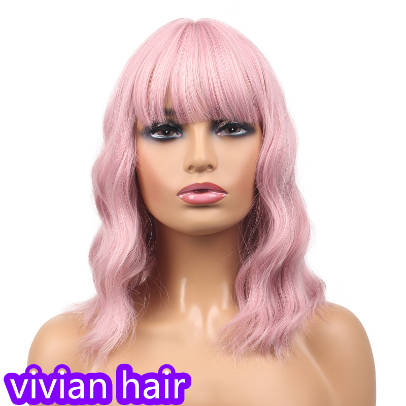 Short Bob Wig Curly Wavy Pink Synthetic Wig With Bangs For Women 14 Inch Synthetic Hair Wigs For Daily For Cosplay