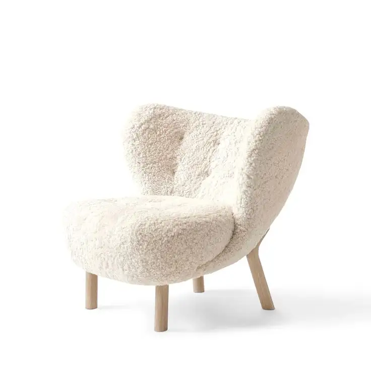 Wooden leg little petra lounge white boucle fluffy accent chair modern small boucle fabric teddy amr chair