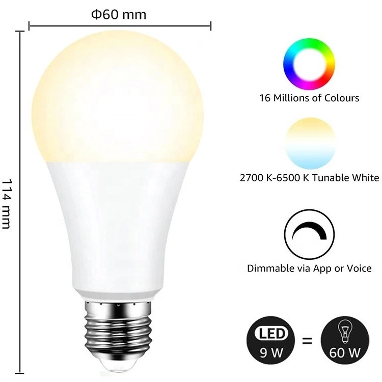 Zigbee Light Bulb 2700K-6500K Tunable White RGBCW APP Voice Control Set Timer Scene modes Schedule Group Control A60