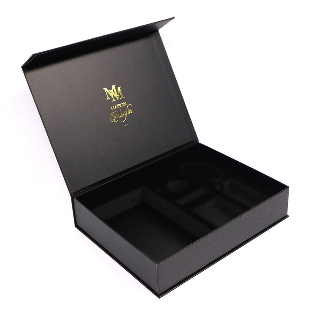 Custom Logo Black Rigid Cardboard Packaging Paper Magnetic Flap Closure Gift Box With Foam Divider