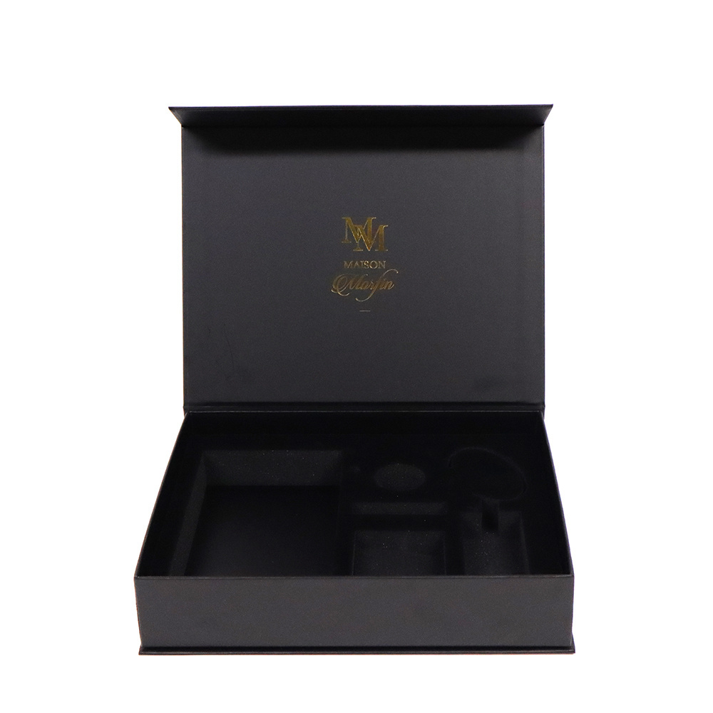 Custom Logo Black Rigid Cardboard Packaging Paper Magnetic Flap Closure Gift Box With Foam Divider