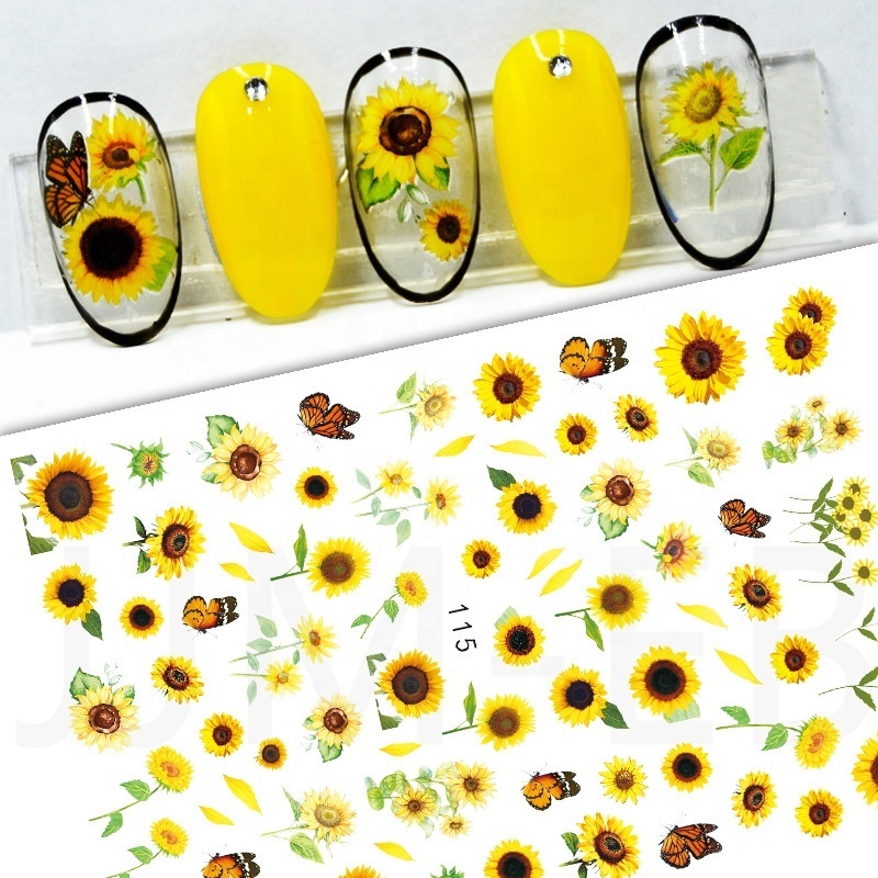 Qianya 2023 Wholesale Sunflower Nail Stickers Bright Yellow Sun Flowers 3D Nail Art Sticker For Nail Decals Adhesive Sticker