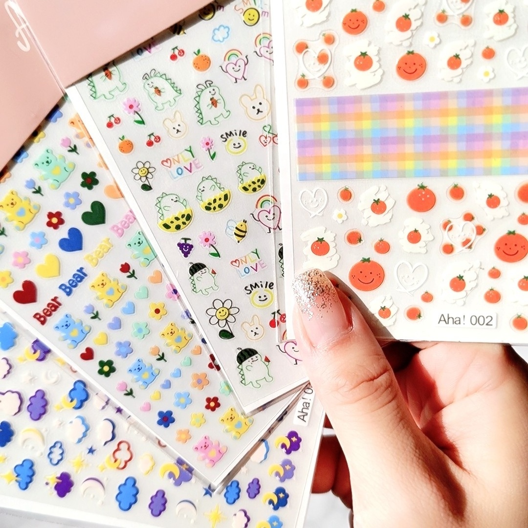 Qianya Ins AHA001-057 sun moon rose flowers panda bears rabbits Self adhesive nail sticker Summer fruit Daisy Nail Art Stickers