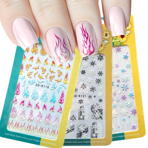 Qianya 2022 Ins Style 5D Embossed Snow Flower Nail Art Decals Embossed Colorful Flame Nail Stickers for Nail Decoration