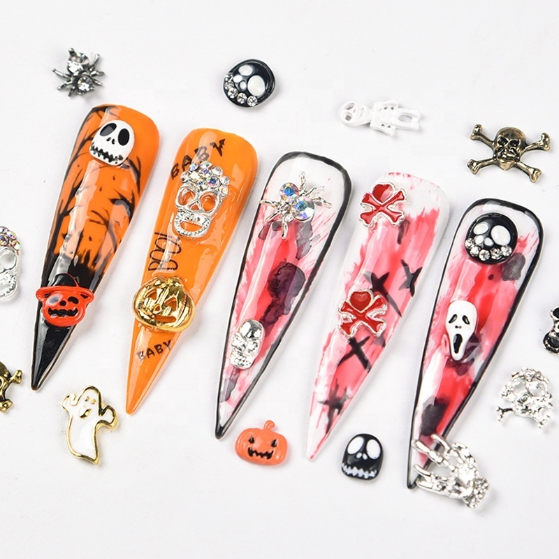 Qianya 2022 Nail Trend Halloween Nail Charms Cross Skull Head Bat Pumpkin Ghost 3D Halloween Nail Decals