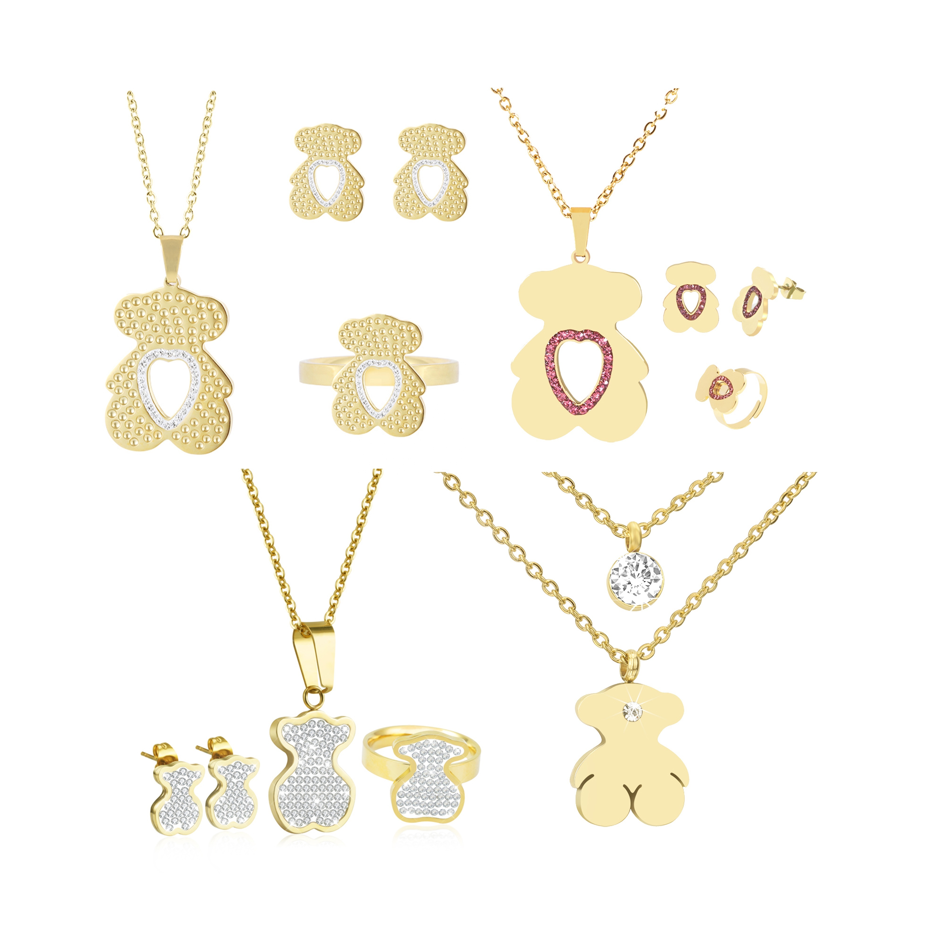 Fashion Jewelry Gold Plated Women's Bear Stainless Steel Jewelry Set