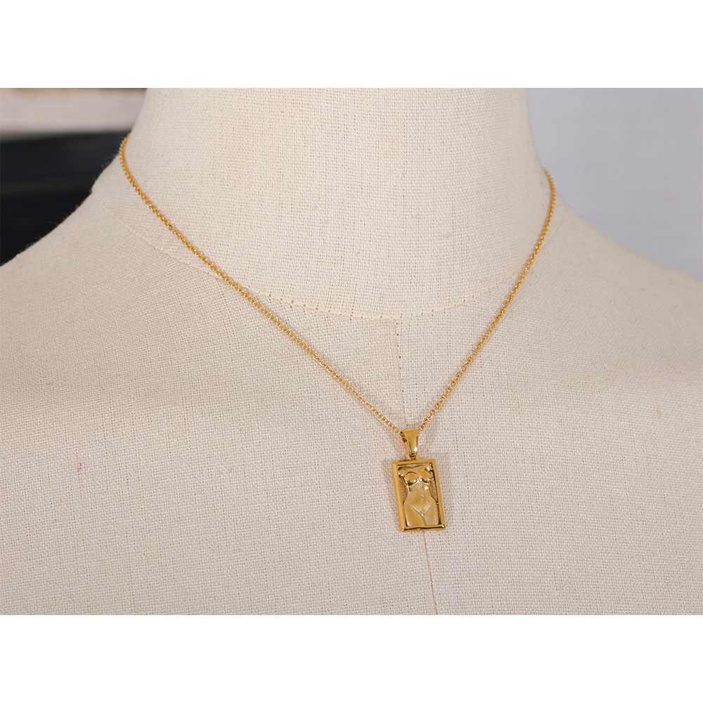 Statement Body Square Pendant Stainless Steel Statement Necklace Gold Color Texture Metal Personalized Jewelry