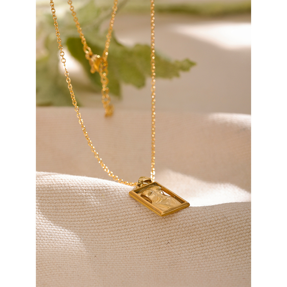 Statement Body Square Pendant Stainless Steel Statement Necklace Gold Color Texture Metal Personalized Jewelry