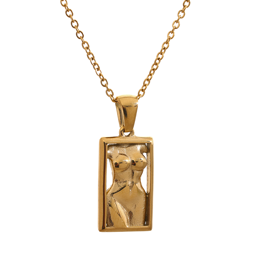 Statement Body Square Pendant Stainless Steel Statement Necklace Gold Color Texture Metal Personalized Jewelry