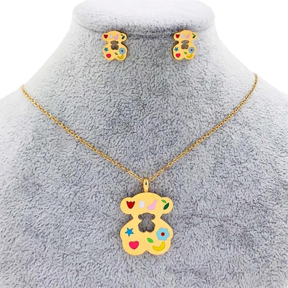 China Wholesale Factory Stainless Steel 18k Gold Plated Bear Necklace Silver Jewelry Set Bijoux Women Acero Inoxidable Joyeria