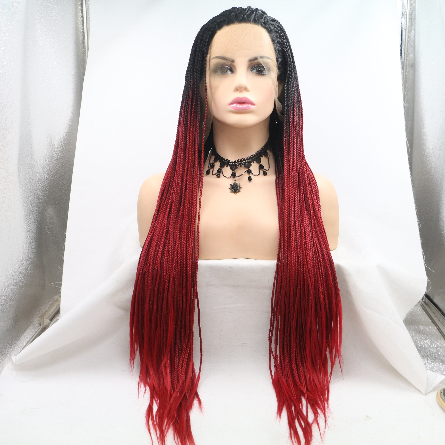 Black Ombre Braided Synthetic African American Hair 2 Tone Micro Braided Box Braids Lace Front Wig Short Daily Large 30in