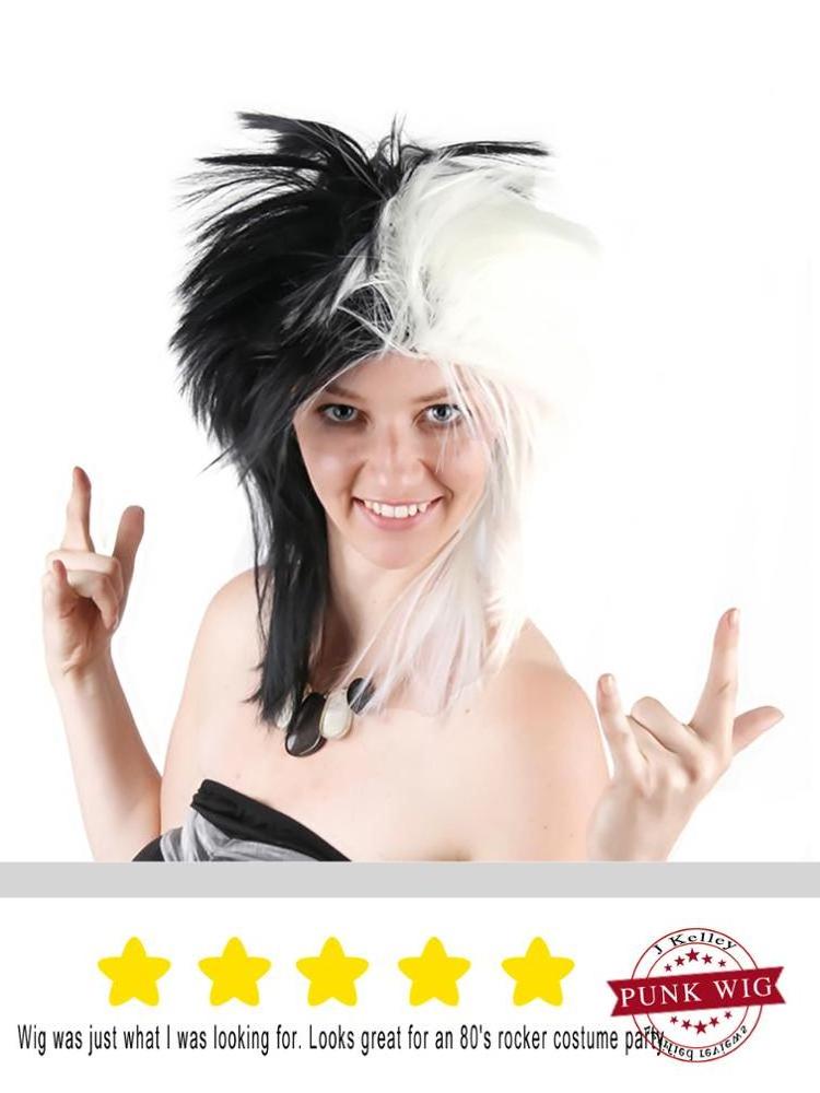 Cruella DeVille Halloween Costumes Wig Punk Rocker Mullet Wig Long Straight Wig