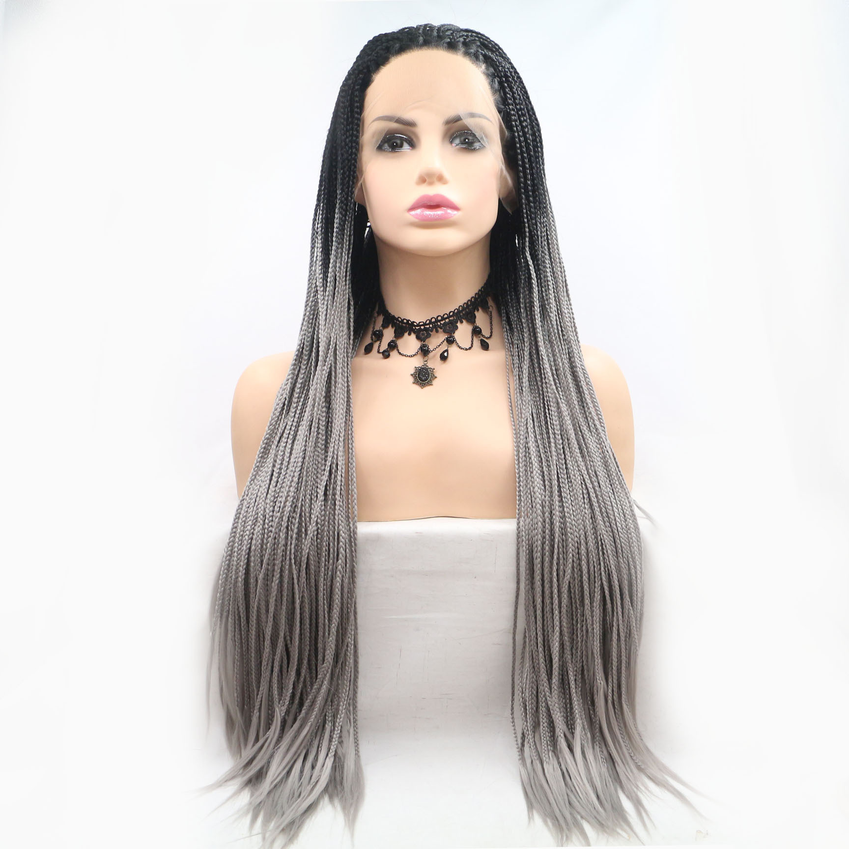 Black Ombre Braided Synthetic African American Hair 2 Tone Micro Braided Box Braids Lace Front Wig Short Daily Large 30in