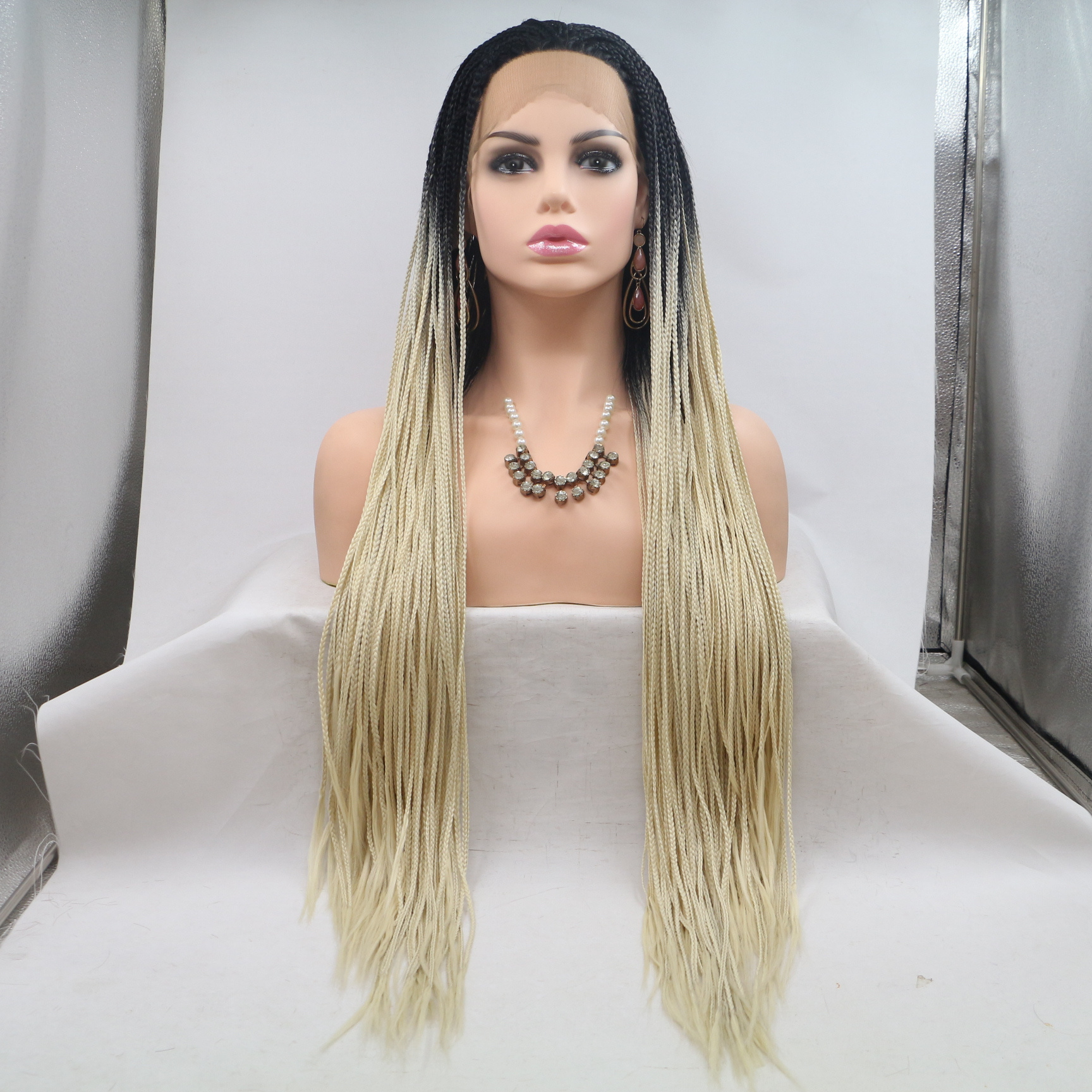 Black Ombre Braided Synthetic African American Hair 2 Tone Micro Braided Box Braids Lace Front Wig Short Daily Large 30in