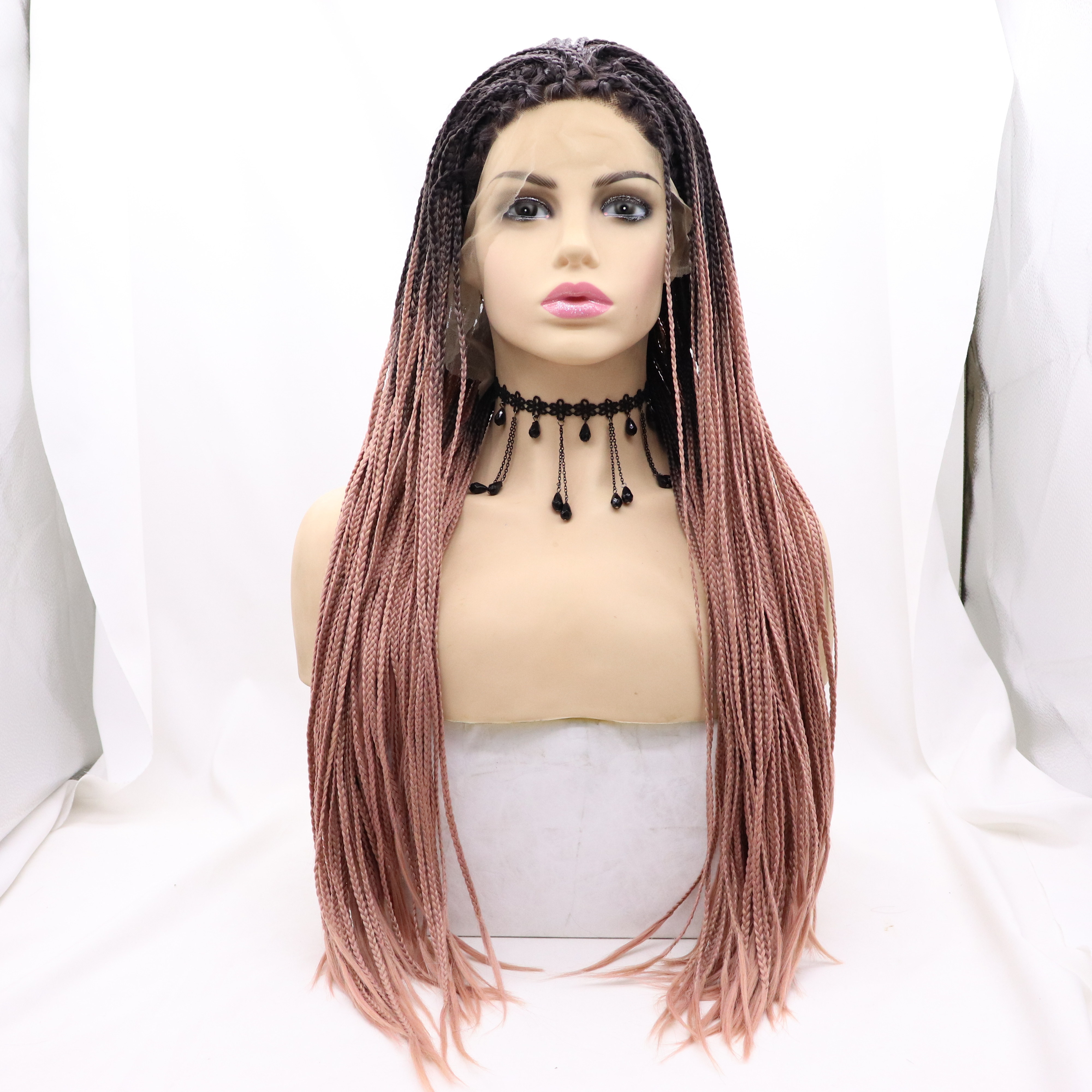 Black Ombre Braided Synthetic African American Hair 2 Tone Micro Braided Box Braids Lace Front Wig Short Daily Large 30in