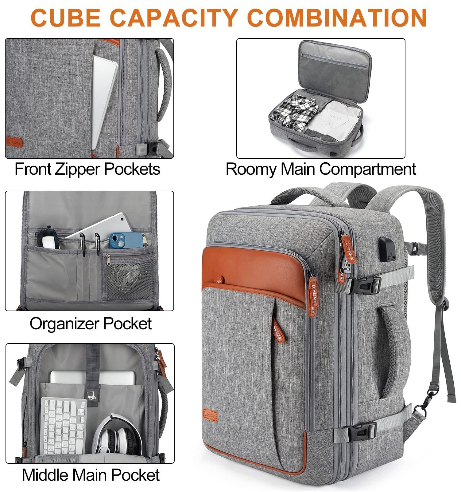 Custom expandable large capacity hiking Backpack Waterproof suitcase with UCB charging port Business Backpack