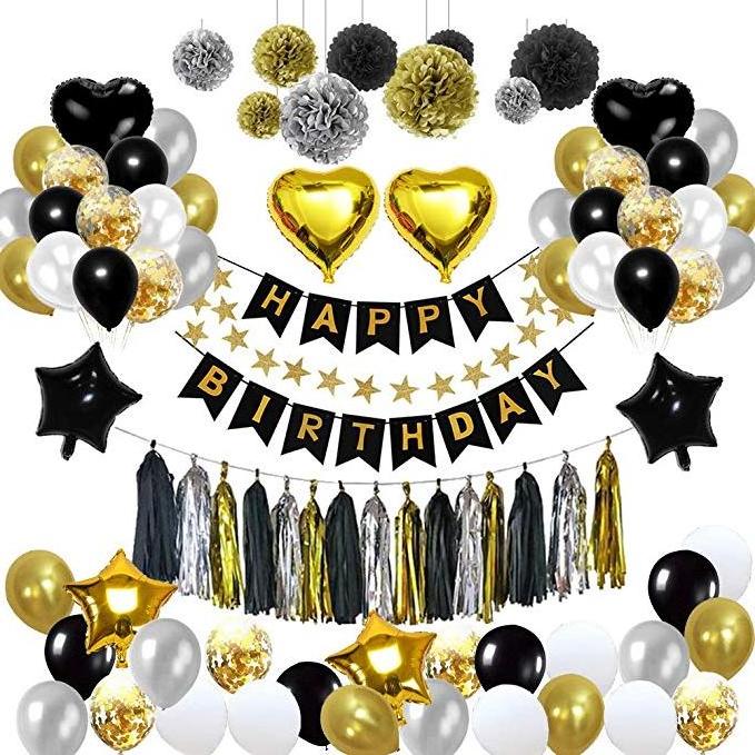 Black and Gold  Birthday Decorations Confetti Balloons with Paper Pom Pom for 13th 16th 18th 21st 30th 40th 50th man's birthday