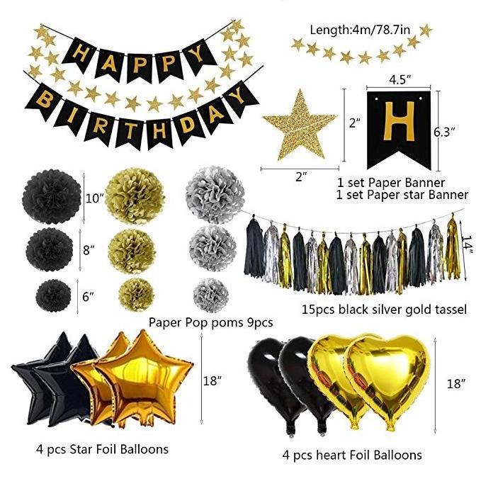 Black and Gold  Birthday Decorations Confetti Balloons with Paper Pom Pom for 13th 16th 18th 21st 30th 40th 50th man's birthday