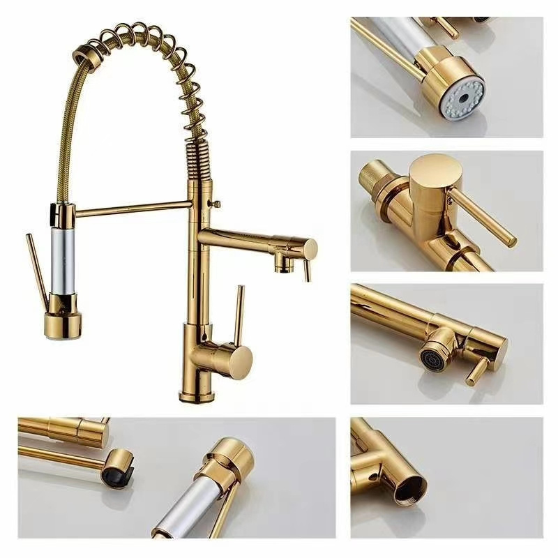 Golden kitchen faucet brass Spring sink faucet Hot and cold sprayer Modern Style copper tap sanitary ware accessories antique