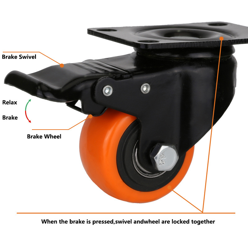 Rigid Mute Orange PU Bearing Universal Wheel Rotating Roller Workbench Brakes Black Core Light Duty Caster Wheels