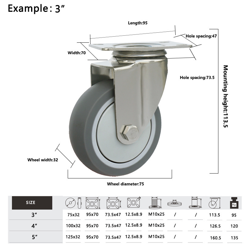 3 4 5 inch TPR Stainless Steel caster wheel Medium duty castors