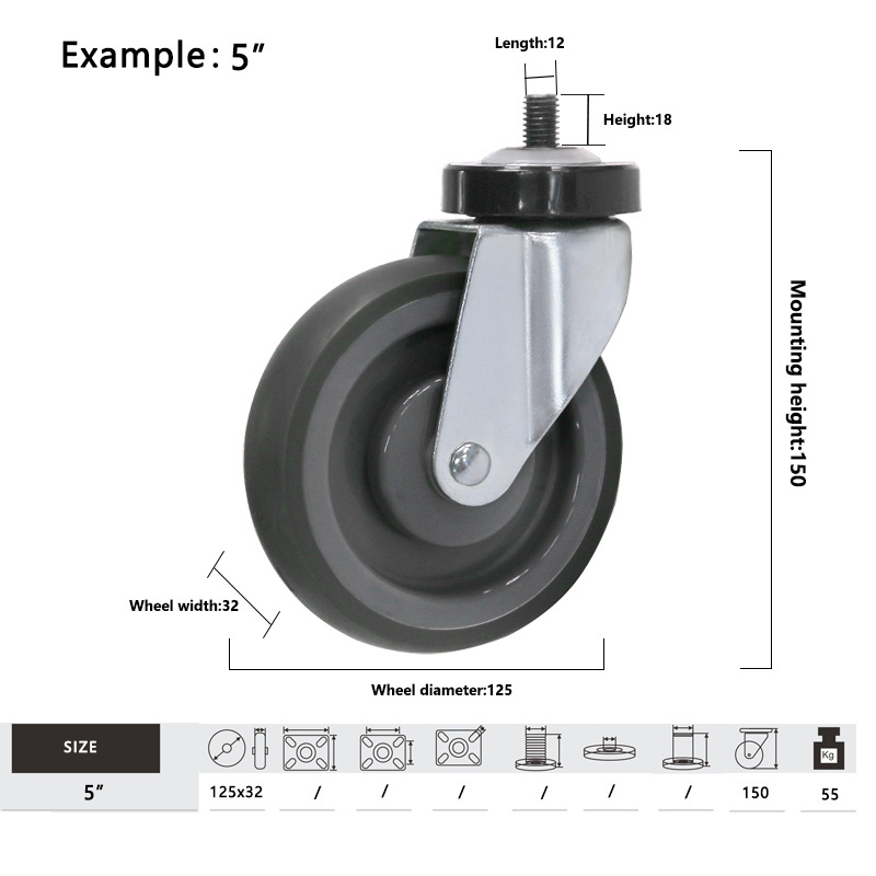 5 inch grey TPR wheel Trolley Cart Caster Swivel Threaded Stem With Total Brake Shopping Trolley Platform Cart Casters Wheel