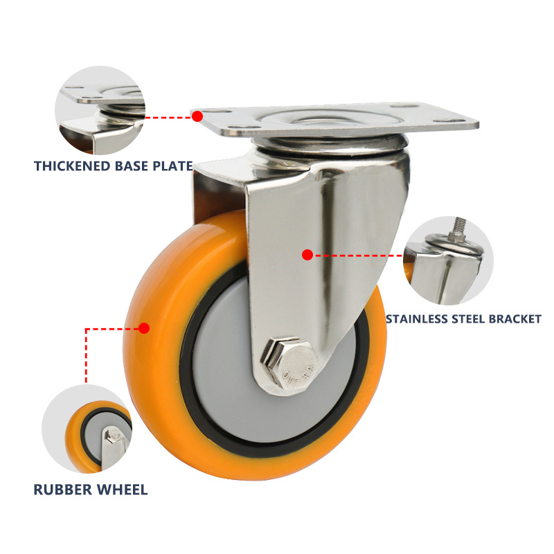 3 4 5 Inch Stainless Steel PU Medium Duty Furniture Caster Wheel Side Swivel Thread Brakes Trolley Cart Caster Wheels