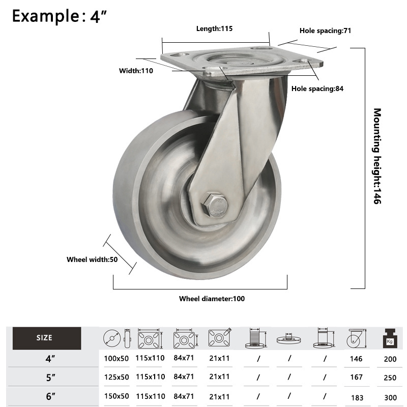 Swivel Wheel 8 Inch Platform Trailer Solid Shopping Trolley Stainless Steel Heat Resistance Heavy Duty Casters Wheels