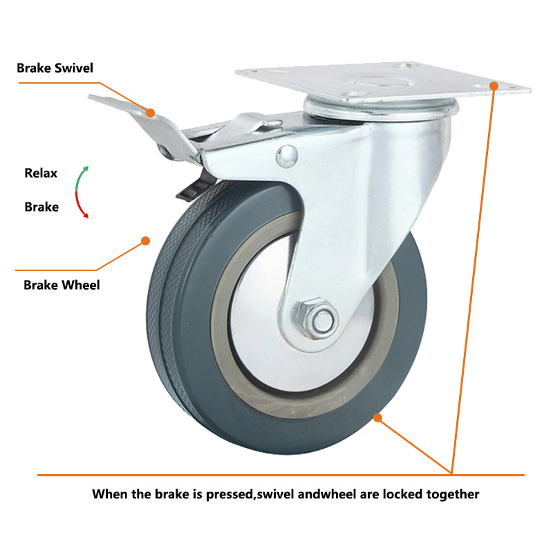 Swivel Plate With Brake On Medium PVC Plastic Universal Wheel Caster Wheels