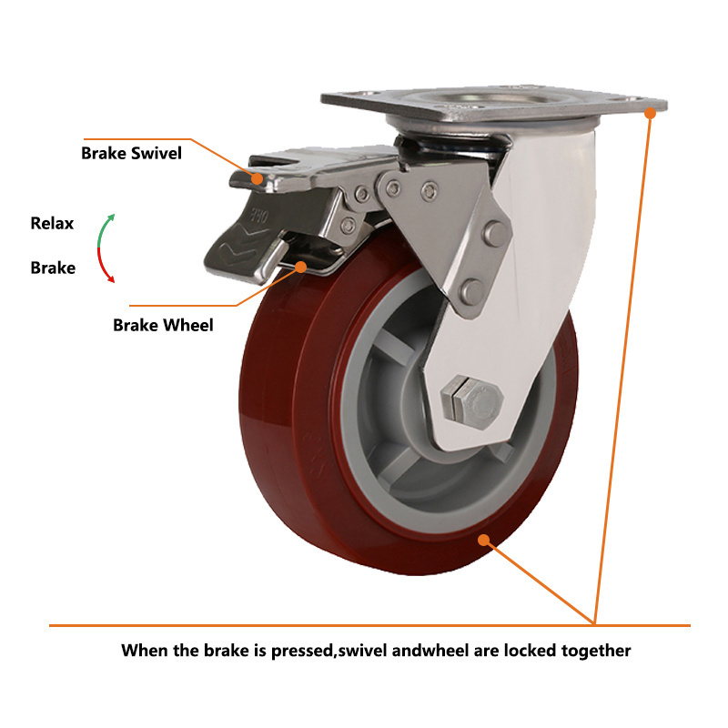 6 Inch PU Rotary brake wheelbarrow universal wheel Stainless Ball Bearings Stainless Steel Heavy Casters