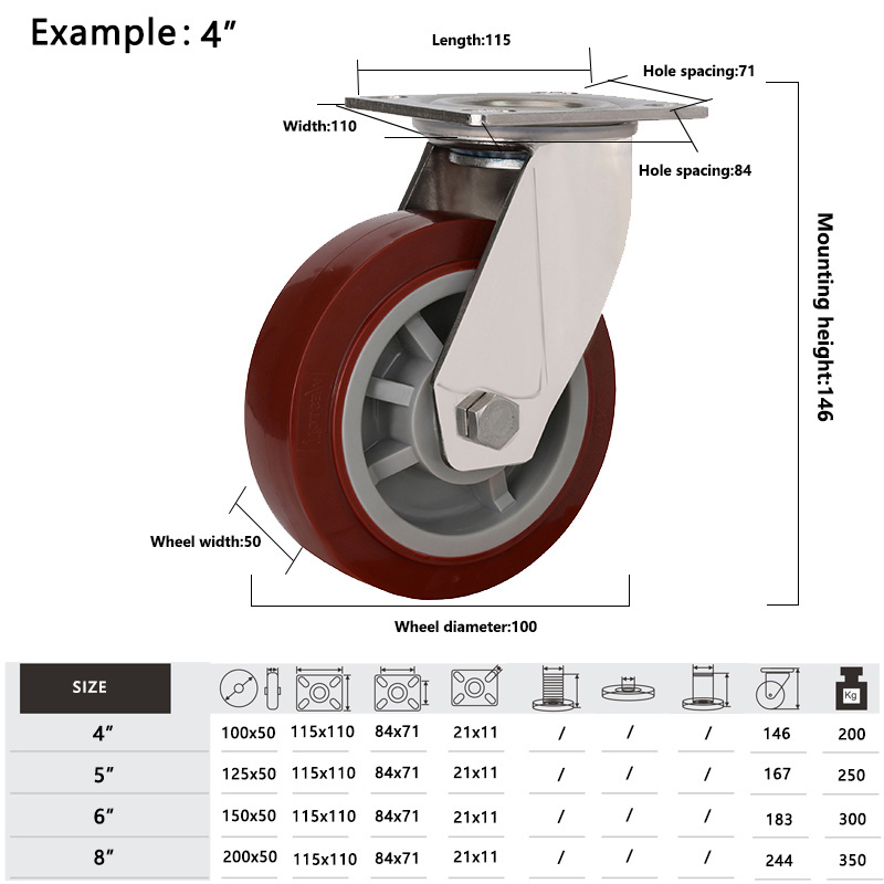 6 Inch PU Rotary brake wheelbarrow universal wheel Stainless Ball Bearings Stainless Steel Heavy Casters