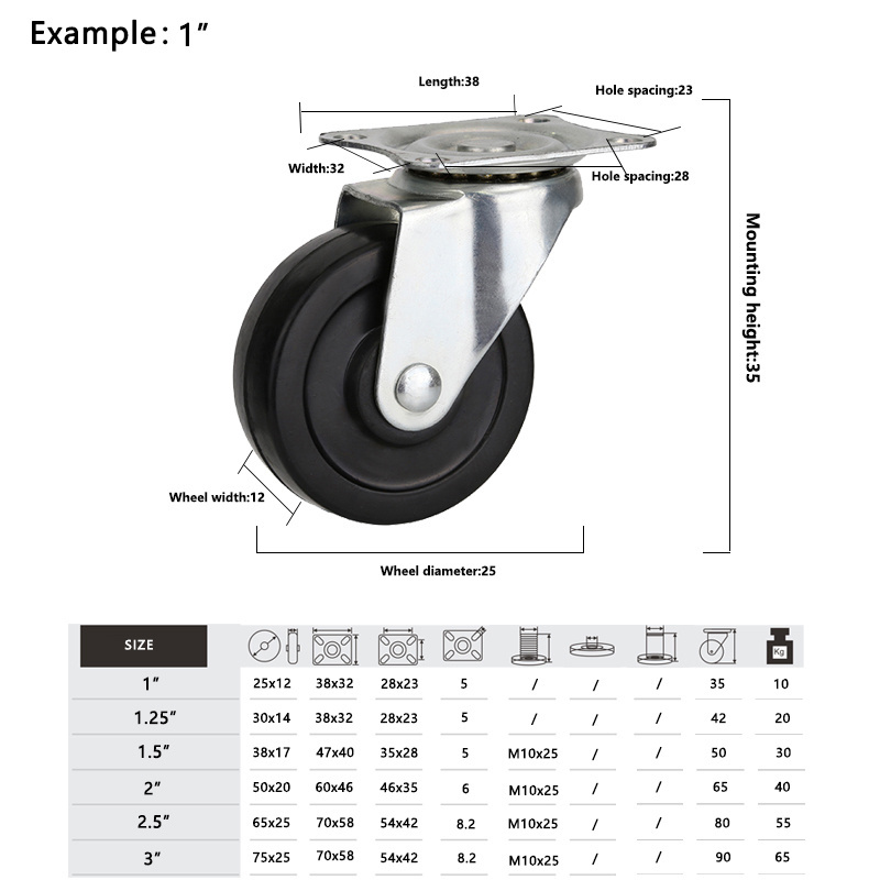 3 Inch Black Rubber Small Castor Wheel Cast Roller Bearing Side Brake Locking Furniture Casters Wheels