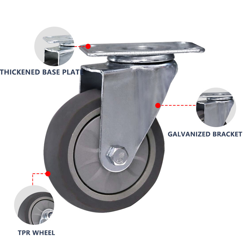 Medium duty single-axle TPR super quiet rubber caster 3 4 5 inch universal castors trolley wheels trolley dining wheels