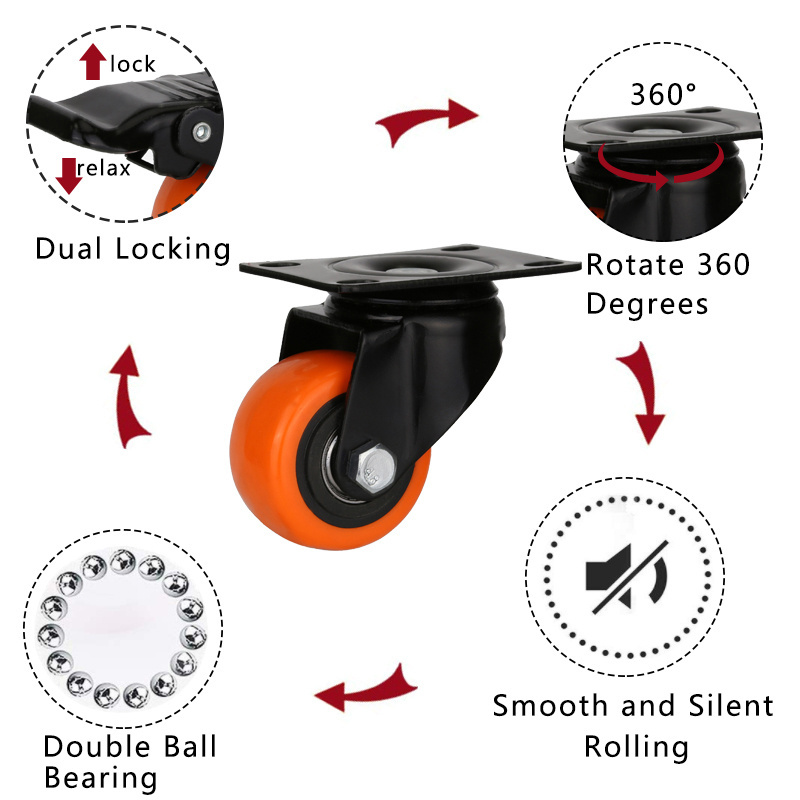 Rigid Mute Orange PU Bearing Universal Wheel Rotating Roller Workbench Brakes Black Core Light Duty Caster Wheels