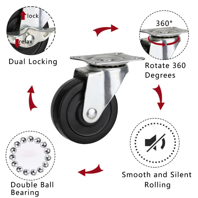 3 Inch Black Rubber Small Castor Wheel Cast Roller Bearing Side Brake Locking Furniture Casters Wheels